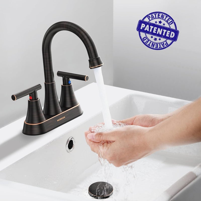 Hurran Bathroom Faucets for Sink 3 Hole, 4 inch Oil Rubbed Bronze Bathroom Sink Faucet with Pop-up Drain and Supply Hoses, Stainless Steel Lead-Free Centerset Faucets for Vanity RV, 2 Pack - Image 2